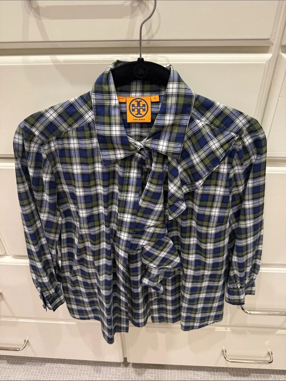 Tory Burch Blue and Green Plaid Ruffle-Front Blouse